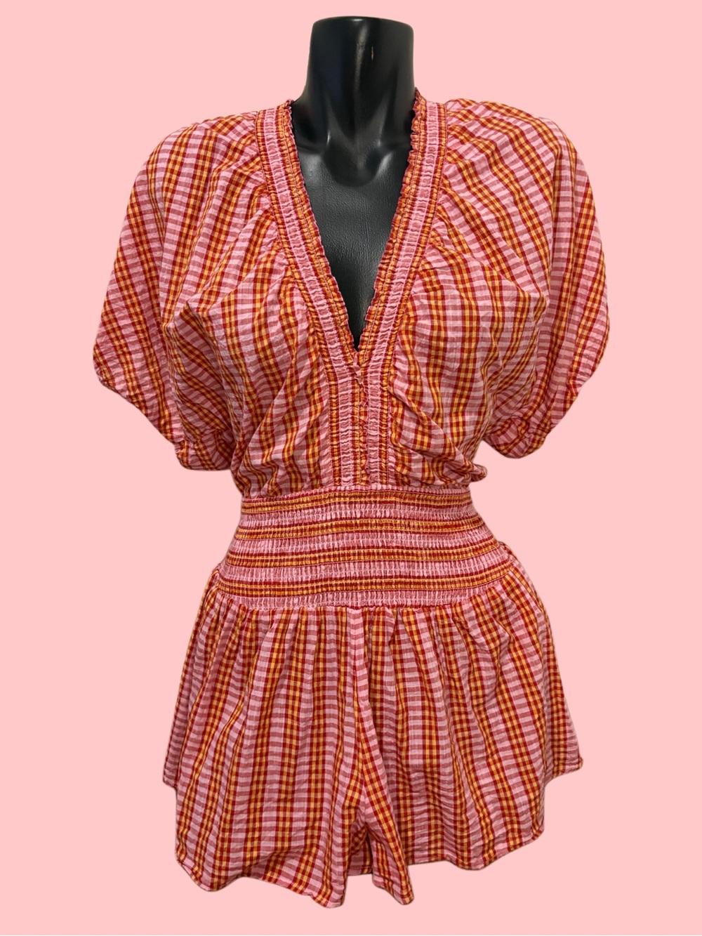 Anthropologie Short Sleeve 100% Cotton Open Back Romper Pink Summer